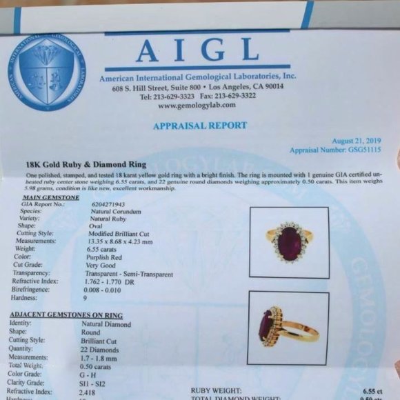 Longido Ruby 6.55ct Diamonds 18K Solid Gold Ring - Picture 5 of 9